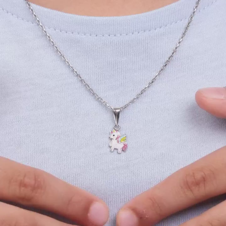 Silver Colourful Unicorns Kids Pendant with Link Chain (7–10 yrs)